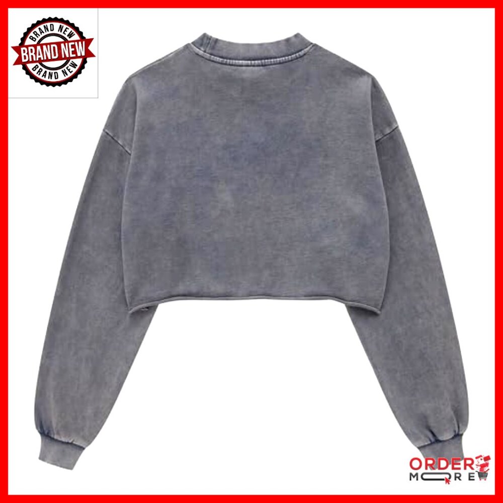 Vintage Cropped Pullover Sweatshirt Long Sleeve Acid Wash Hoodie - Picture 3 of 7
